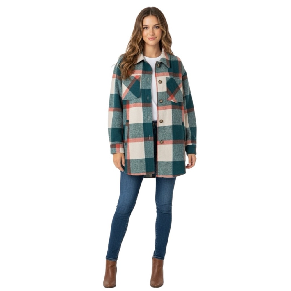 Stitch fix: VIGOSS Size: XS Oversized Teal Green Orange Plaid Shacket Flannel - Picture 2 of 15